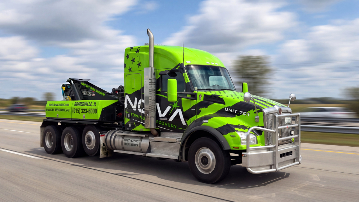 Nova Towing & Recovery heavy-duty tow truck on the highway