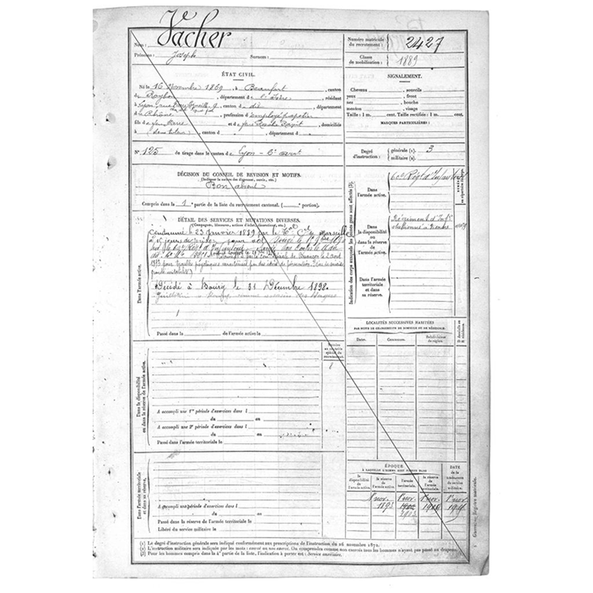 Fiche matricule de Joseph VACHER datant de 1889