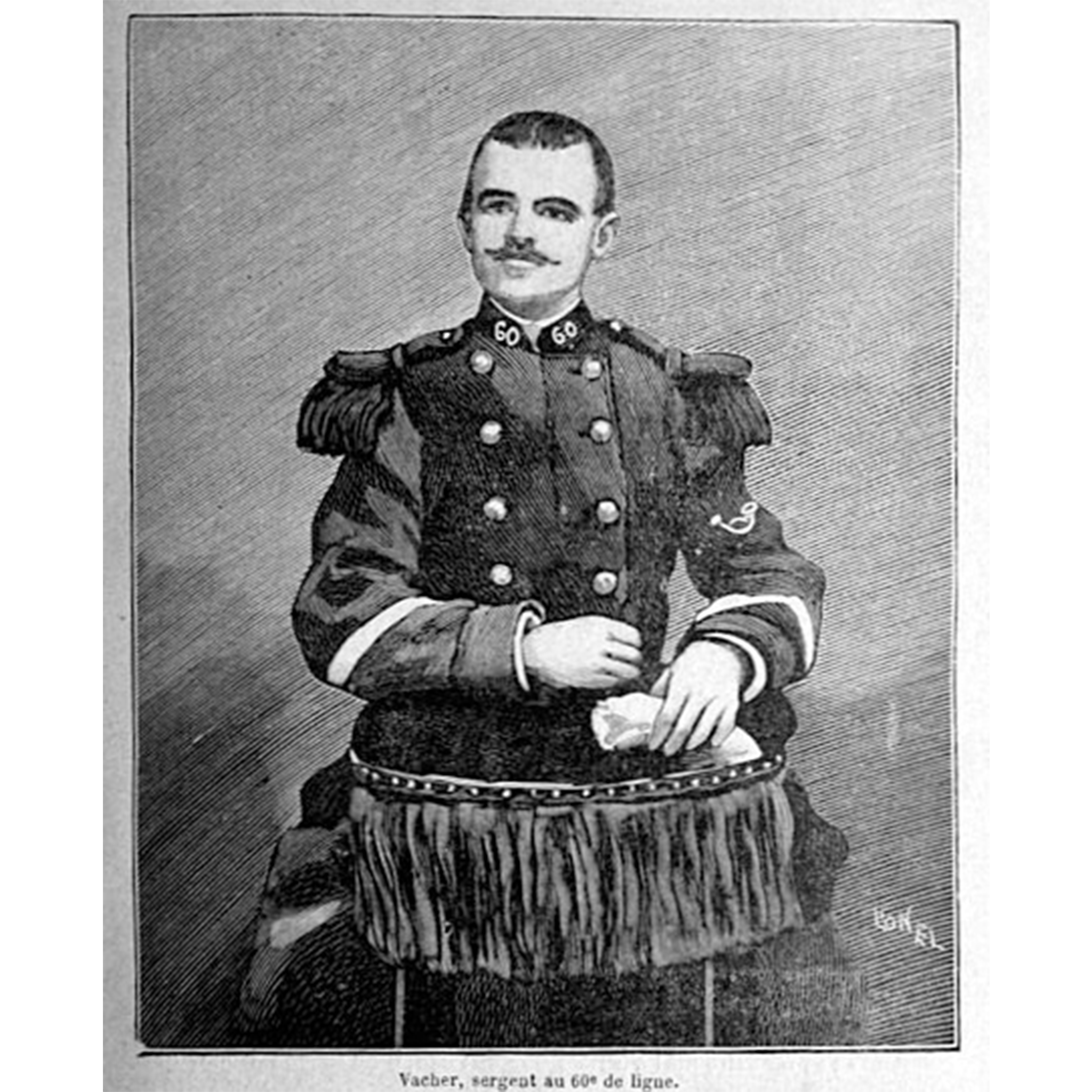 « Vacher sergent au 60e de Ligne ». Gravure d'après photo, signée Lionel, parue dans Le Tueur de bergers 1898