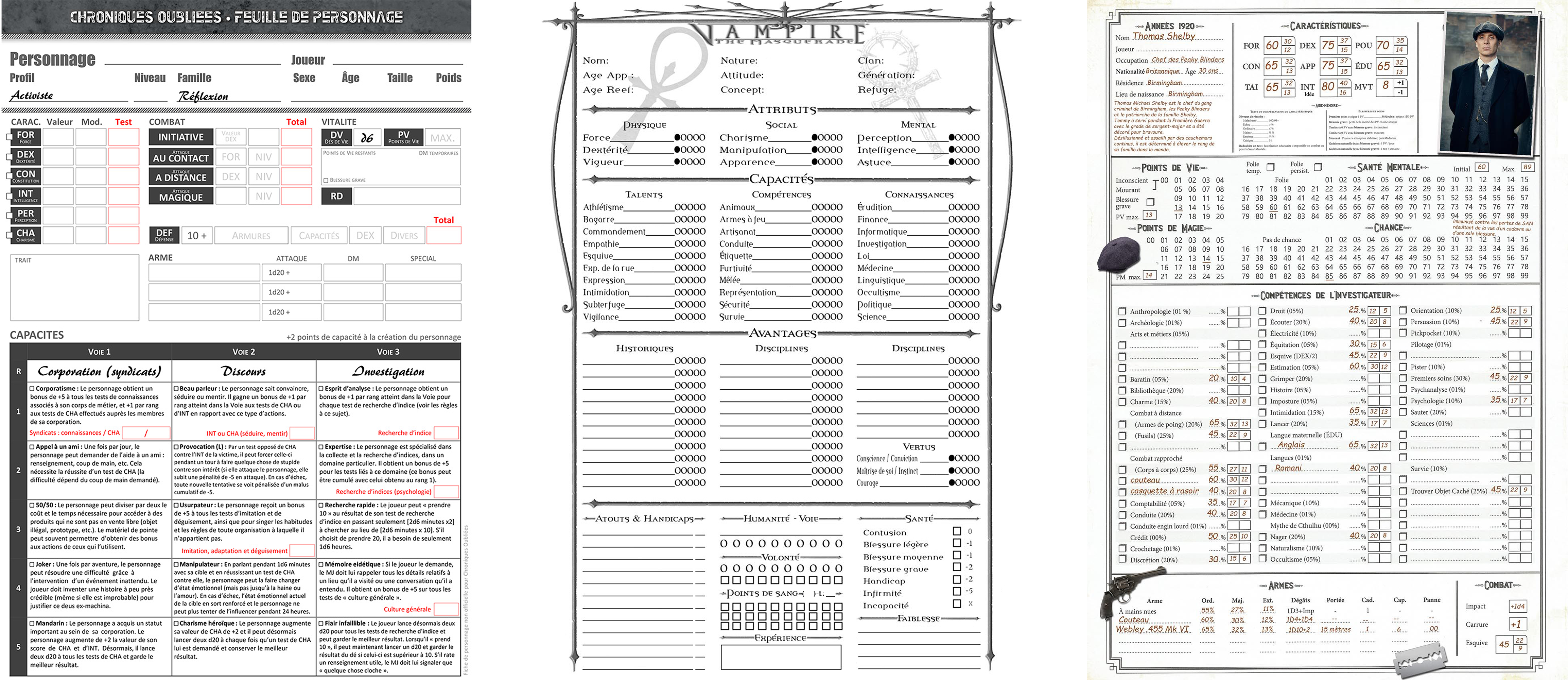 Fiches de personnage, de droite à gauche, Chronique Oublié Contemporain, Vampire the Mascarade, Call of Cthulu