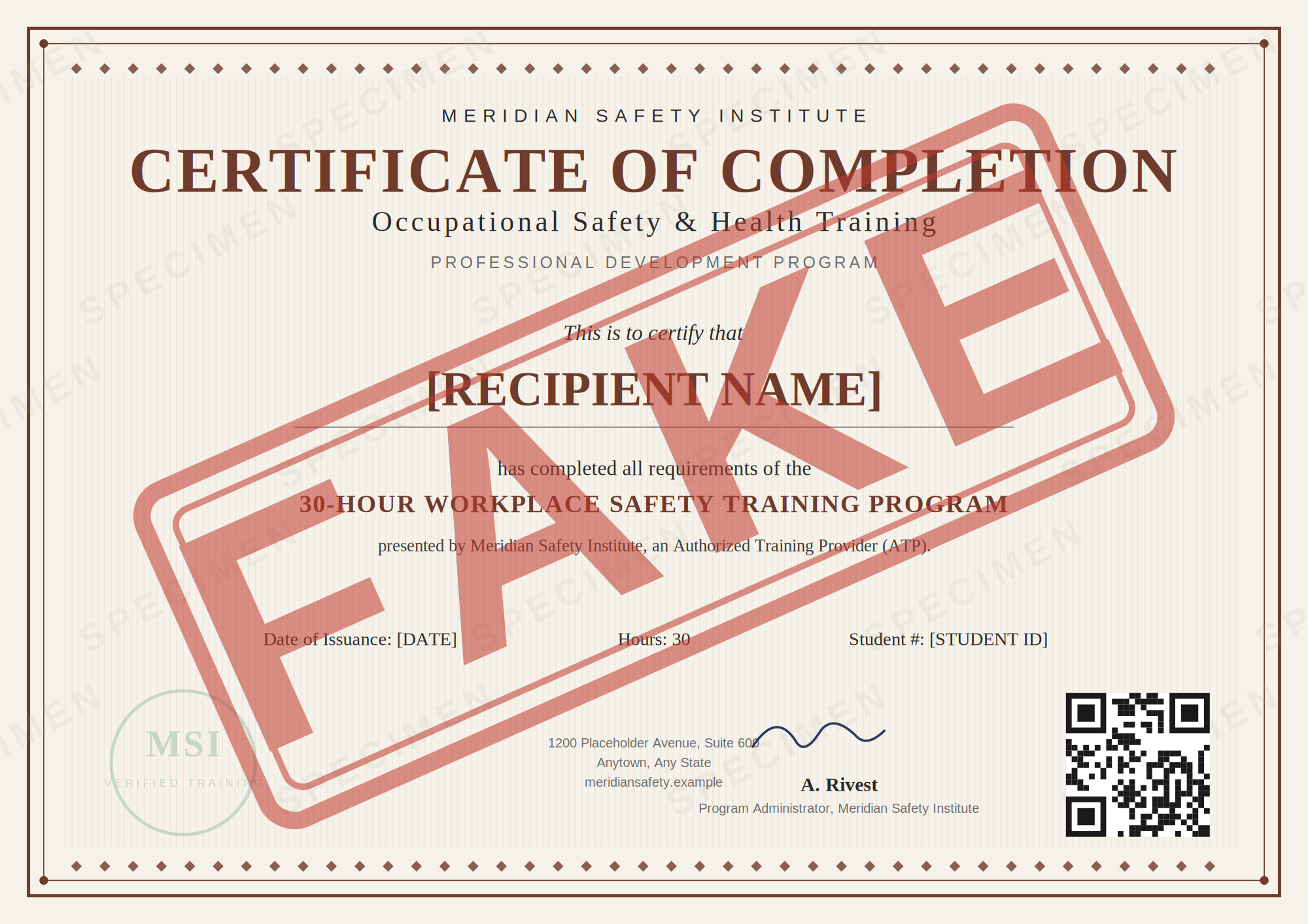 A sample workplace safety training completion certificate stamped diagonally in red with the word "FAKE," illustrating certificate fraud