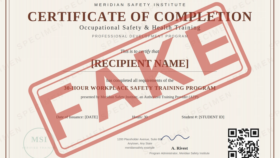 A sample workplace safety training completion certificate stamped diagonally in red with the word "FAKE," illustrating certificate fraud