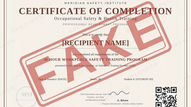A sample workplace safety training completion certificate stamped diagonally in red with the word "FAKE," illustrating certificate fraud