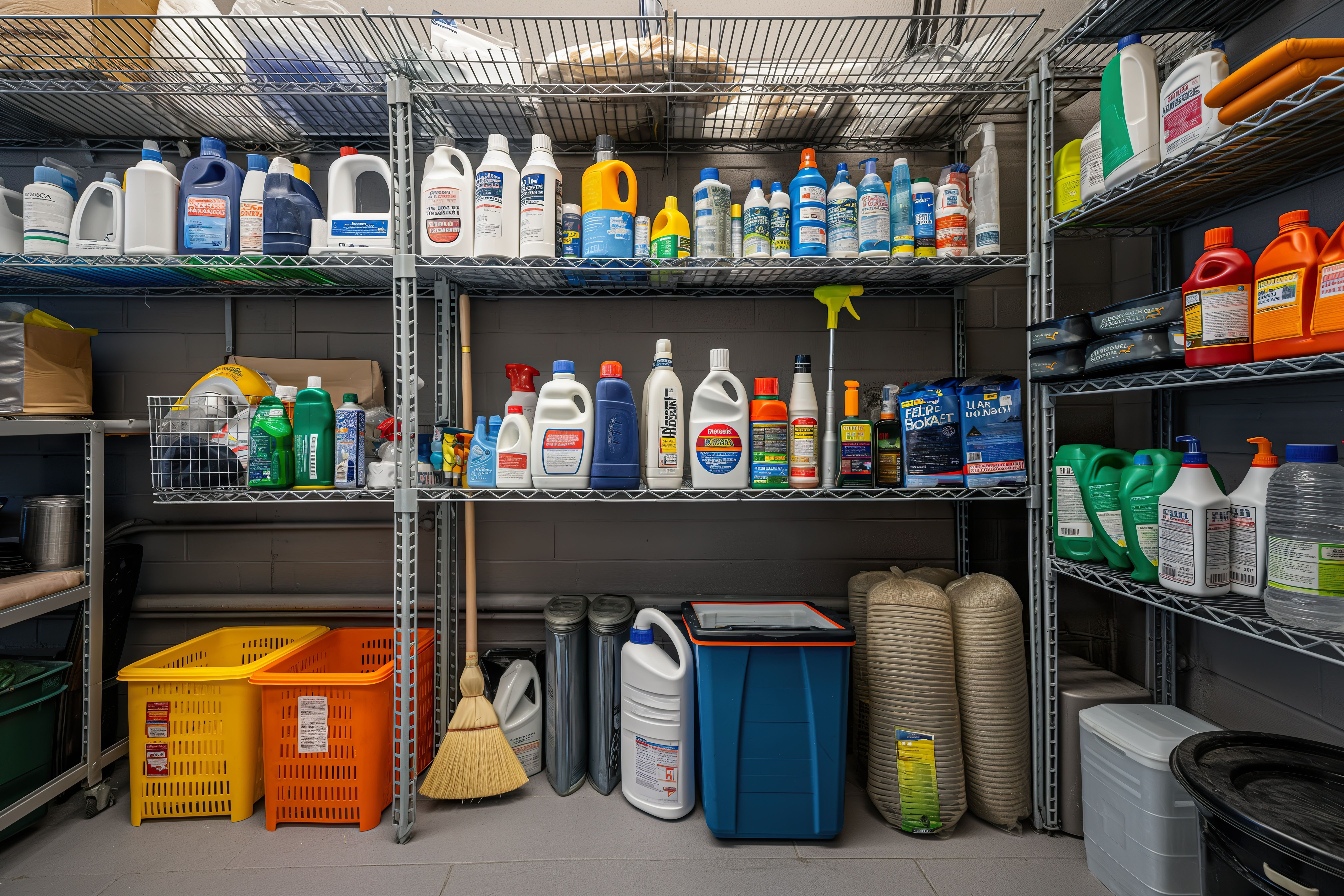 Numerous chemicals in a room that have WHMIS symbols