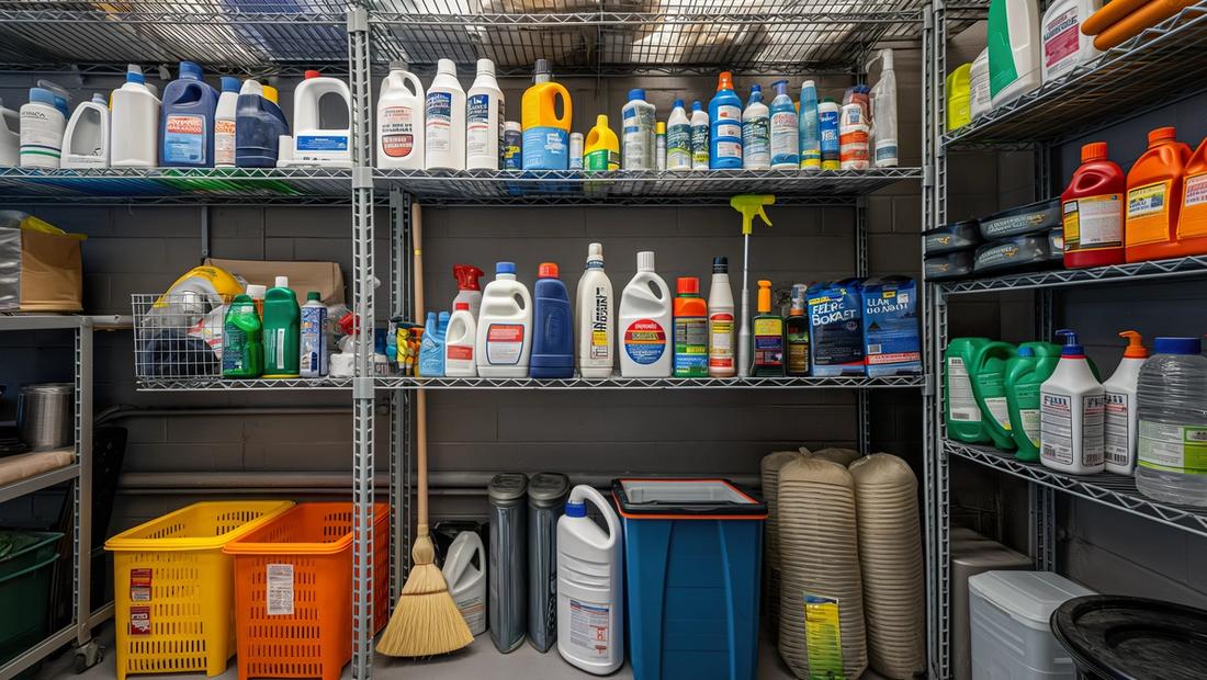 Numerous chemicals in a room that have WHMIS symbols