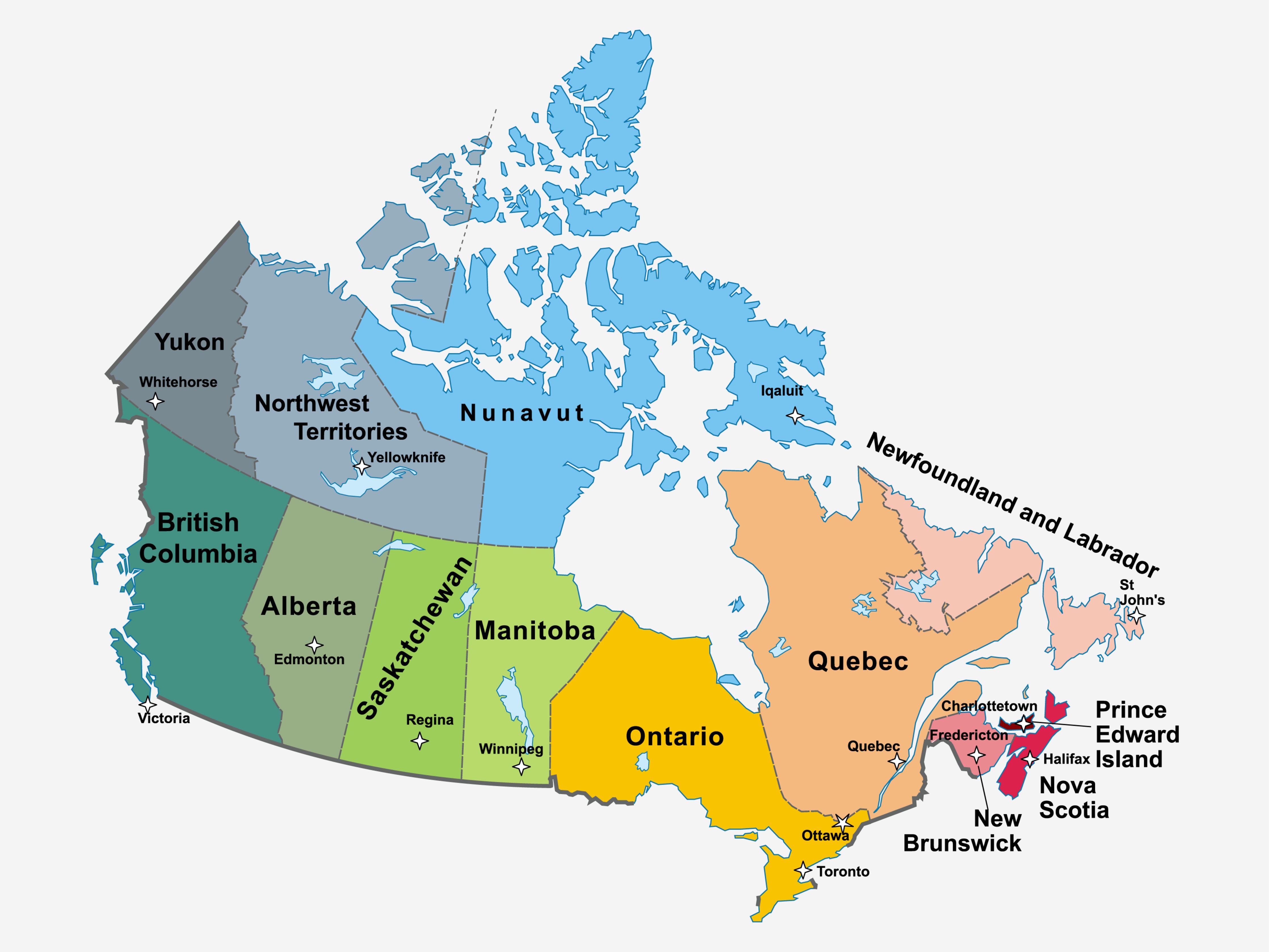 Colour-coded map of Canada's provinces and territories, each labelled with its capital city — WHMIS is enforced jurisdiction by jurisdiction across Canada.