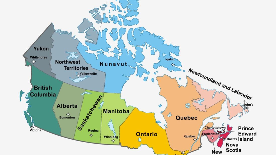 Colour-coded map of Canada's provinces and territories, each labelled with its capital city — WHMIS is enforced jurisdiction by jurisdiction across Canada.