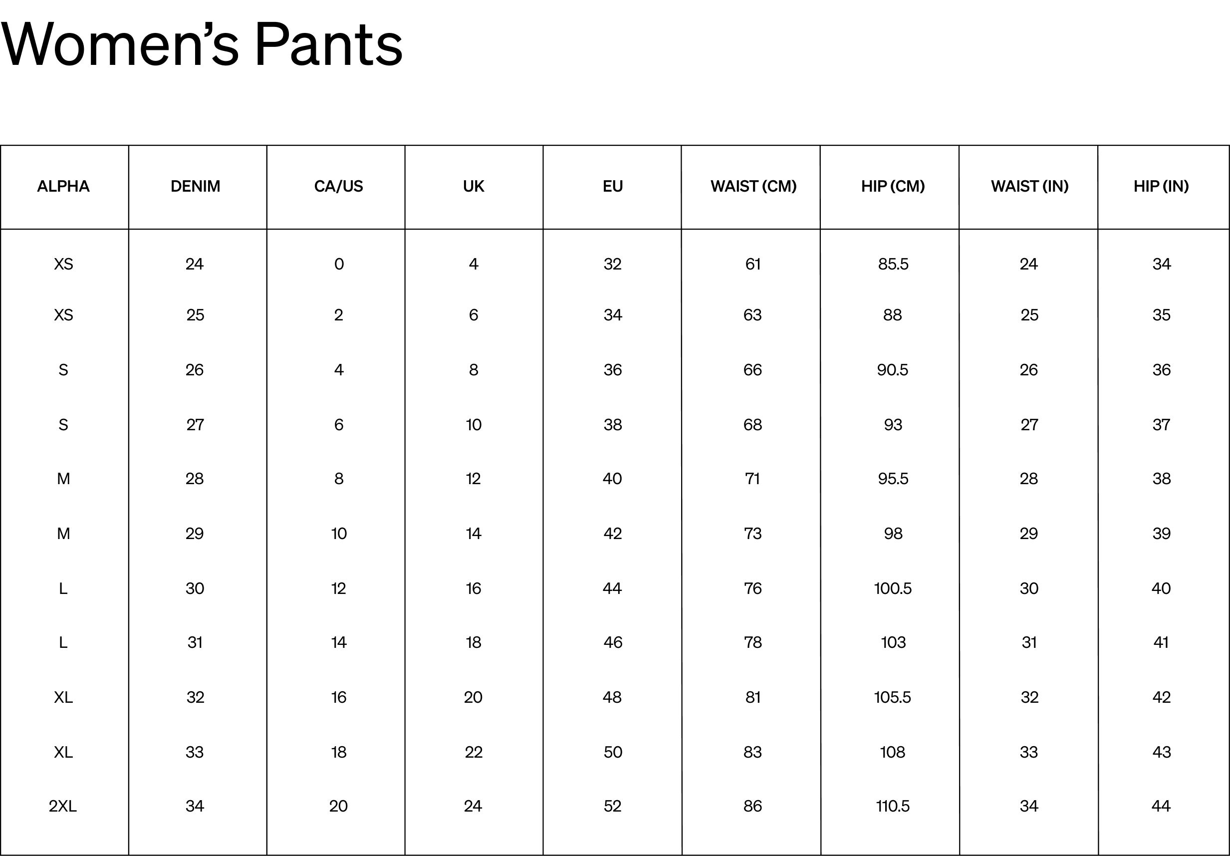 Size guide chart