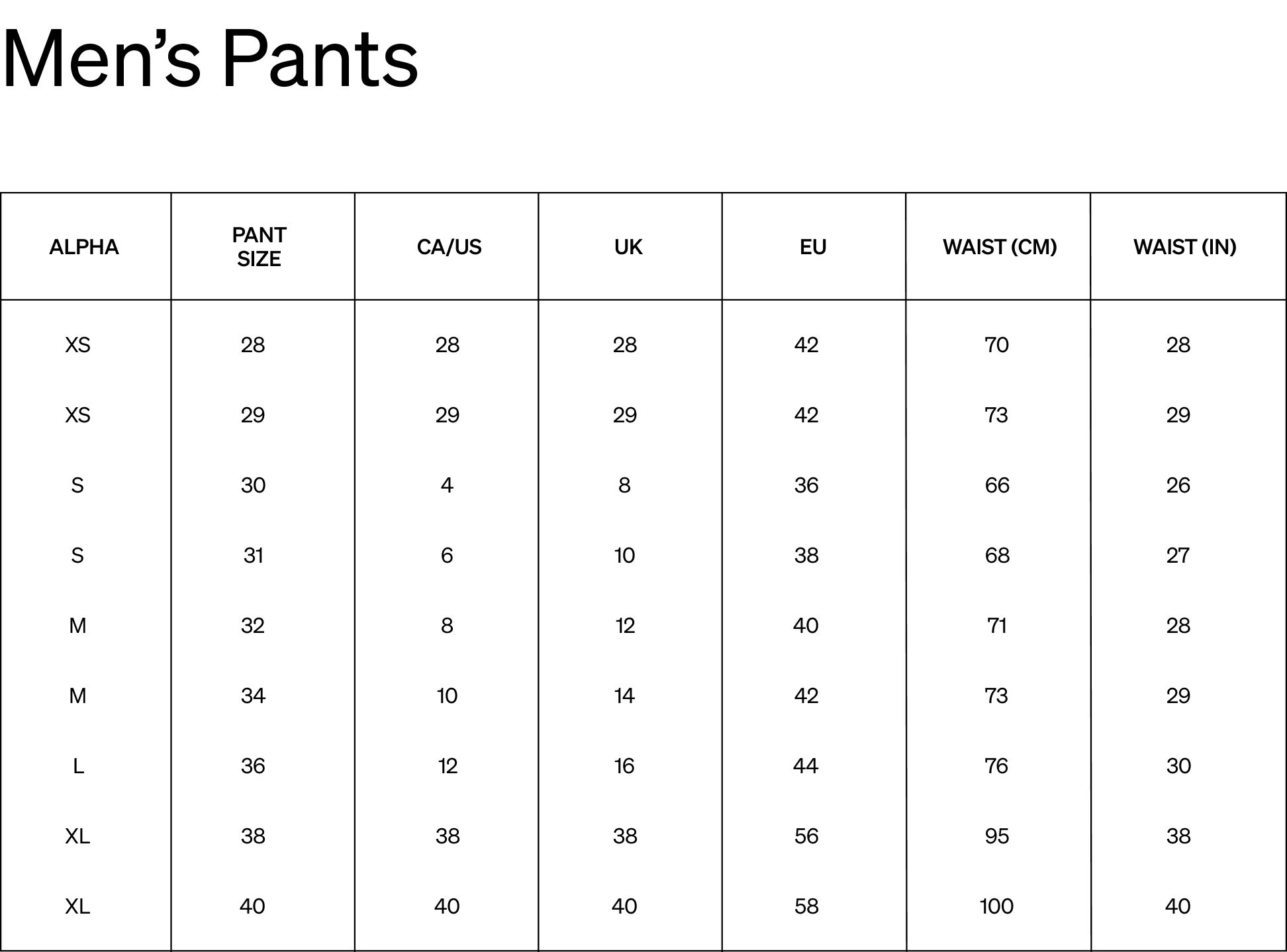 Size guide chart