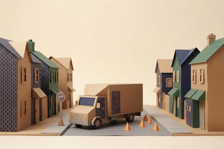 Paper-craft illustration of a folded kraft-paper moving truck at a paper curb on a narrow street, with a paper ramp lowered at the back and small paper cones behind it
