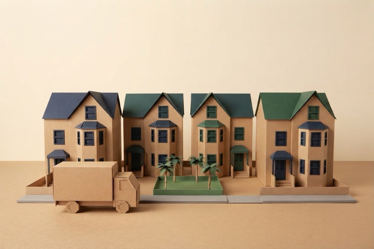 Paper-craft illustration of a row of identical folded-paper townhouses around a green courtyard with a kraft paper moving truck at the curb