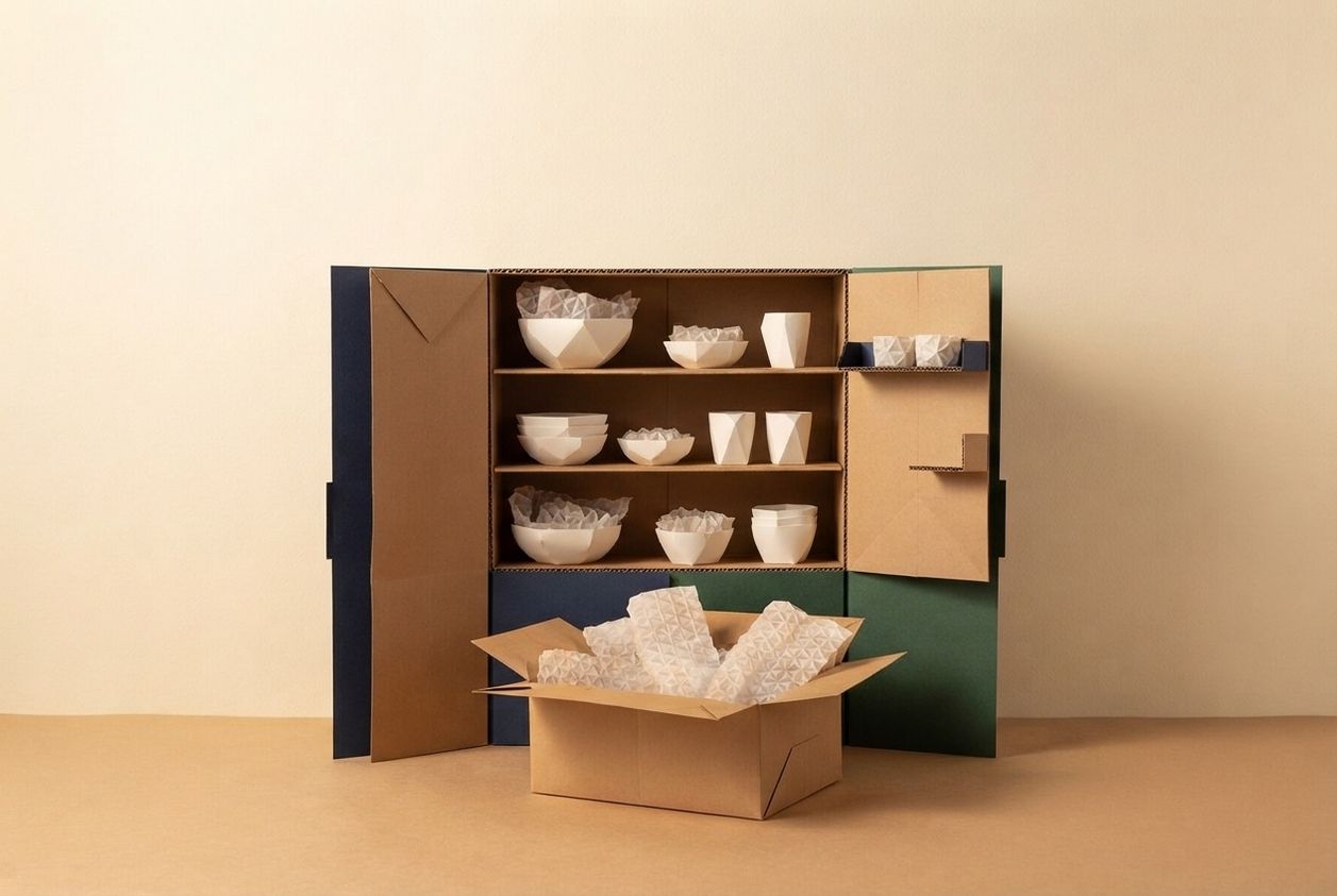 Paper-craft illustration of folded kraft-paper kitchen shelves being emptied in stages, with a small paper carton of pans and one paper plate left standing on the counter