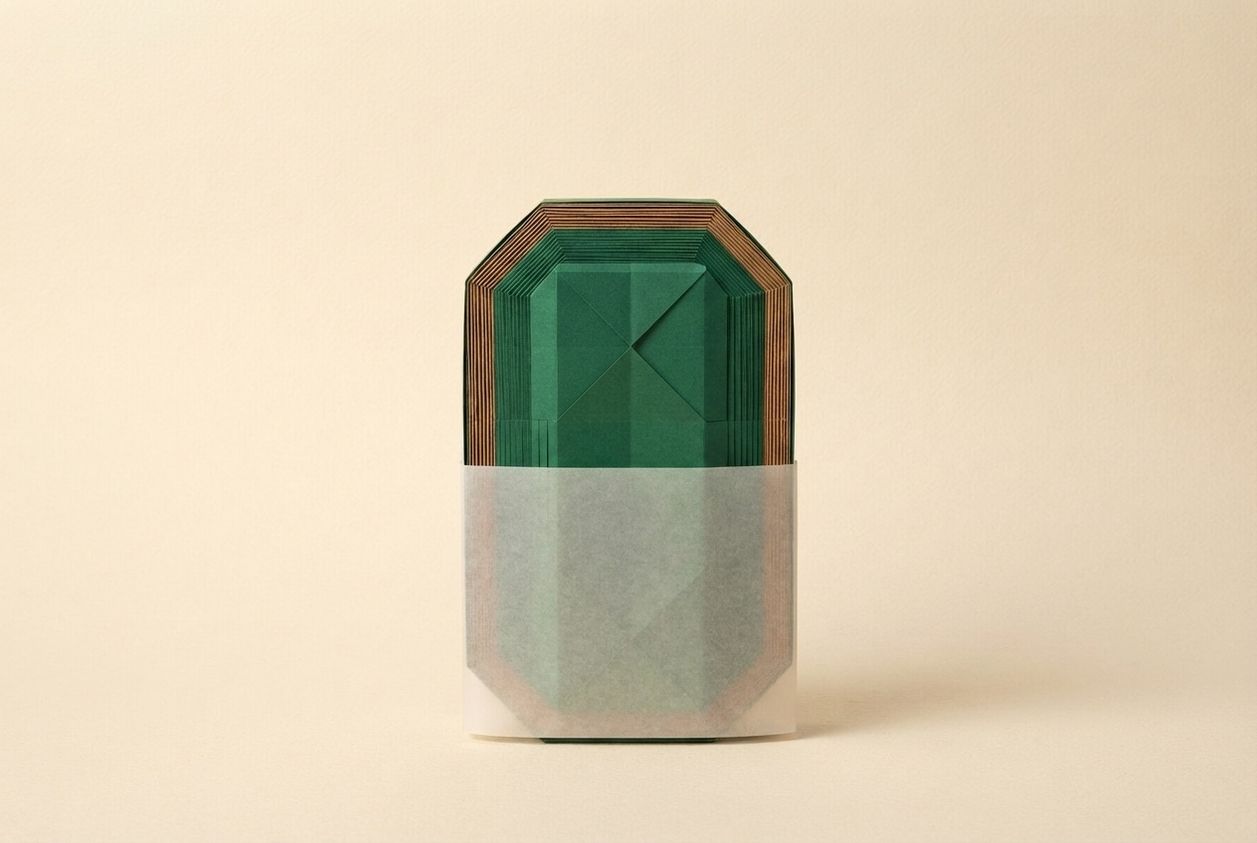 Paper-craft illustration of a green folded-paper mattress standing on end, half covered by a translucent paper sleeve pulled up from the bottom
