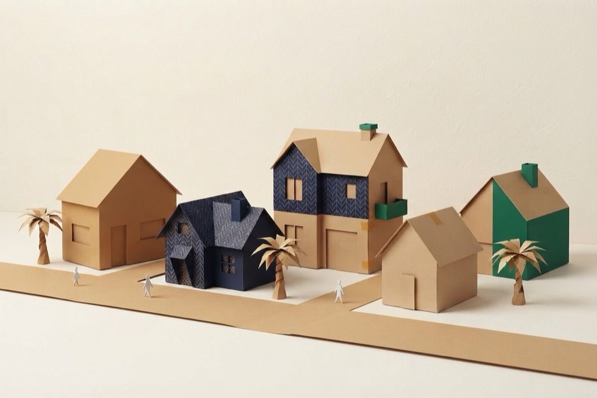 Paper-craft illustration of a row of folded-paper family houses with origami trees