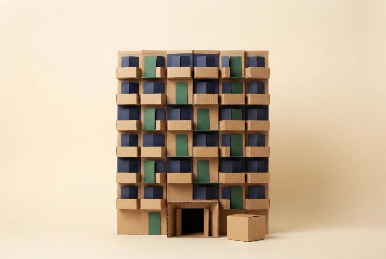 Paper-craft apartment block built from kraft cardboard boxes, with balconies, green doors and an open lobby entrance, one small box waiting on the ground outside