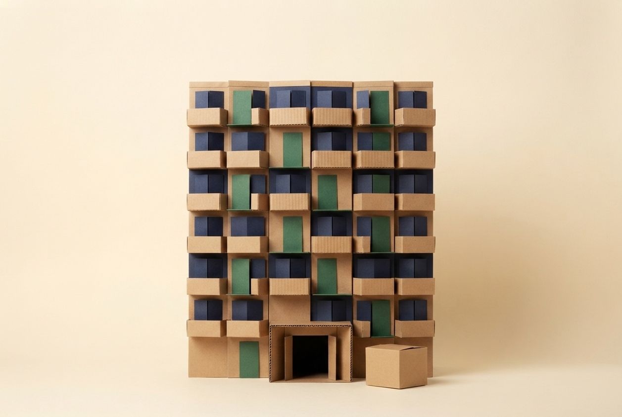 Paper-craft apartment block built from kraft cardboard boxes, with balconies, green doors and an open lobby entrance, one small box waiting on the ground outside