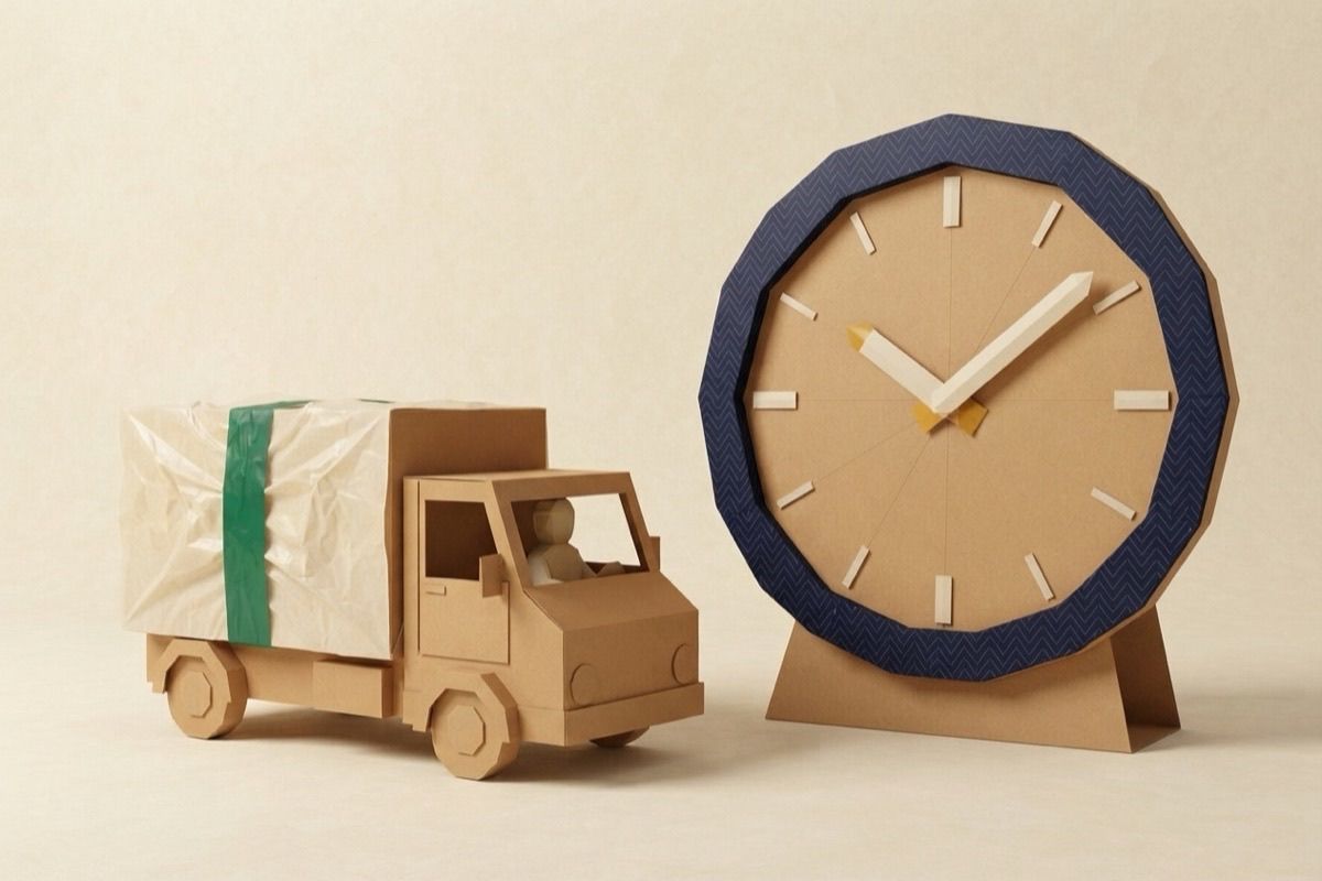 Paper-craft illustration of a kraft box truck beside a large folded-paper clock