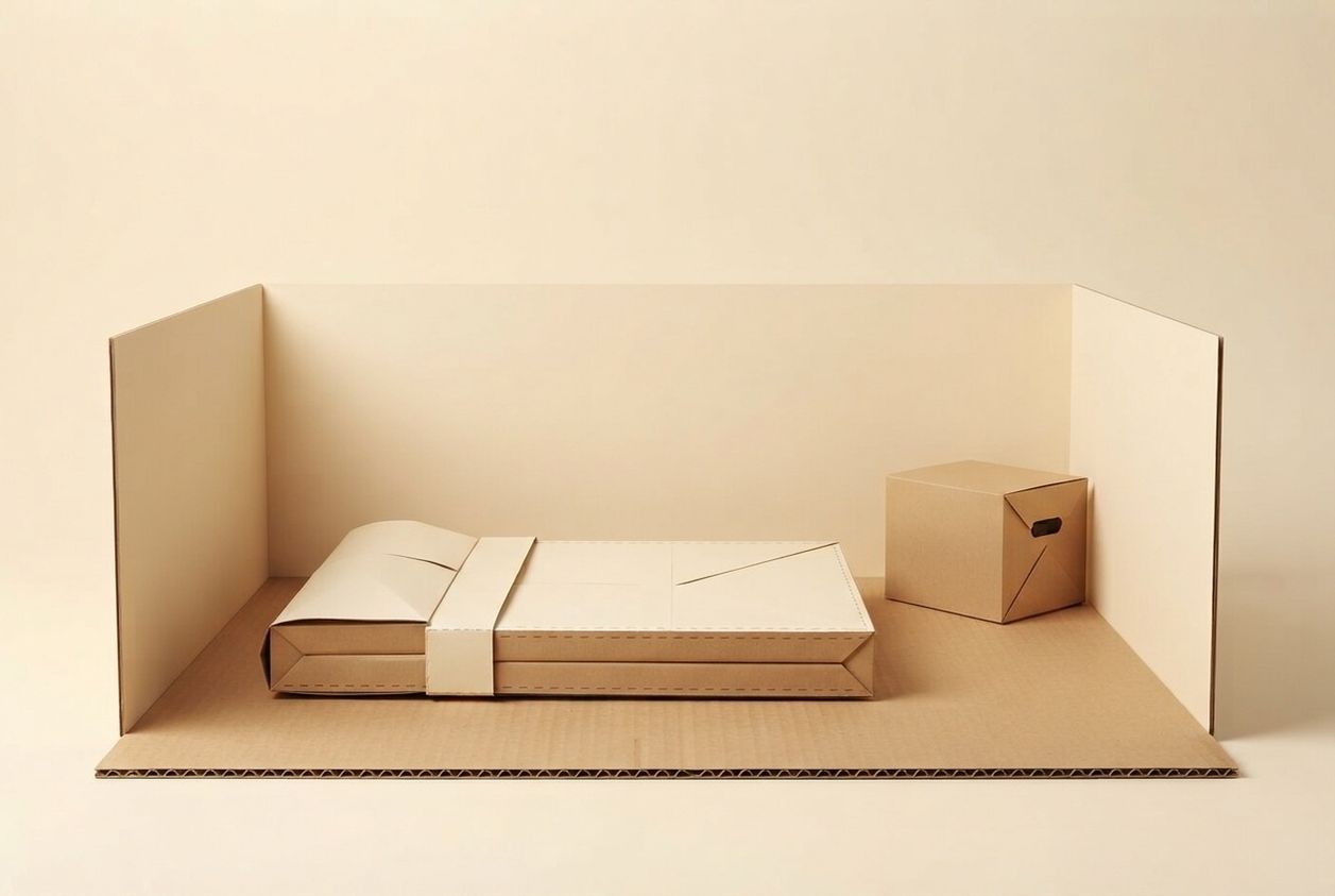 Paper-craft illustration of a folded kraft-paper apartment building with a small paper calendar and a paper key tag laid out in front of it