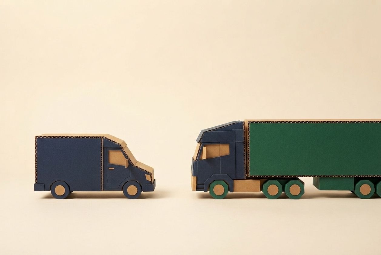 Paper-craft illustration of two folded kraft-paper envelopes on a kraft surface, one holding a small cut-paper moving truck and the other holding only a paper telephone