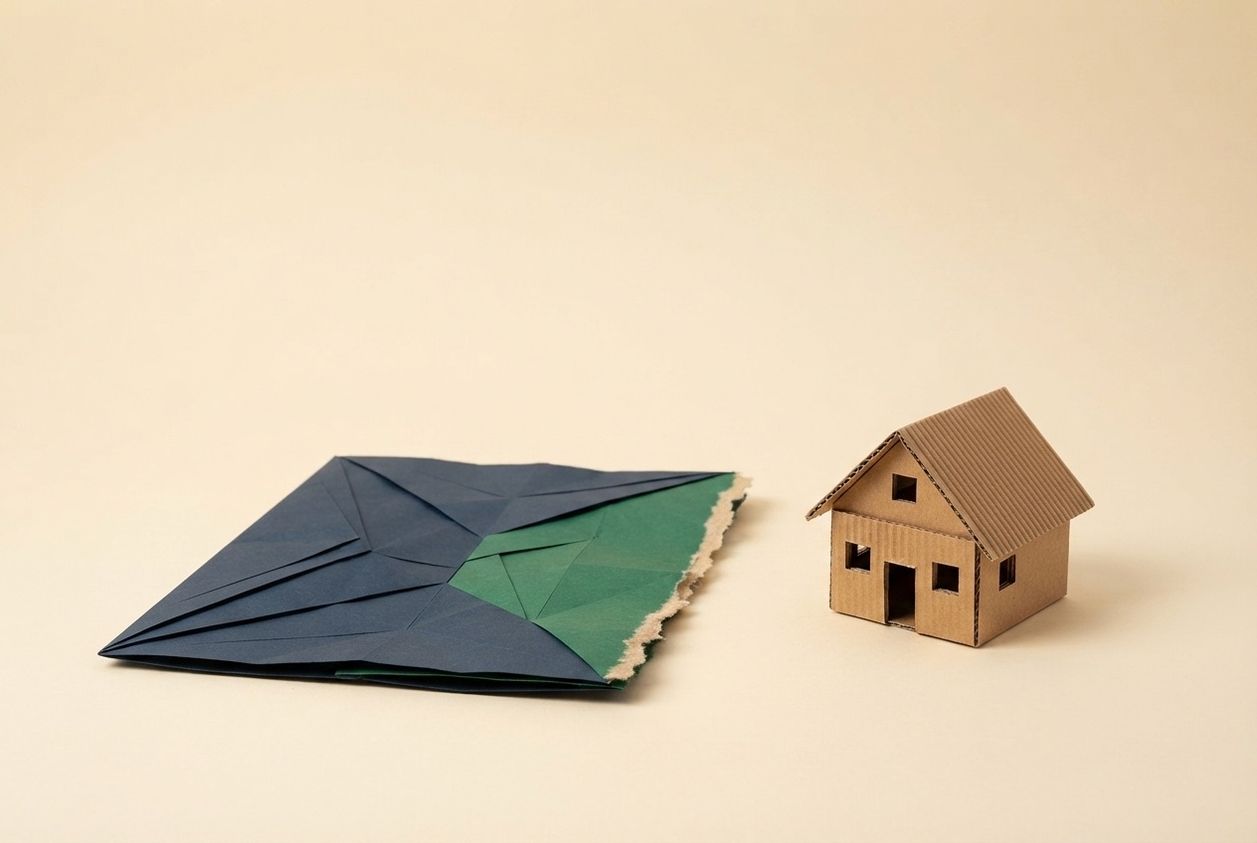 Paper-craft illustration of a folded kraft-paper apartment door standing open, with a paper key on the mat and a torn-paper calendar beside it