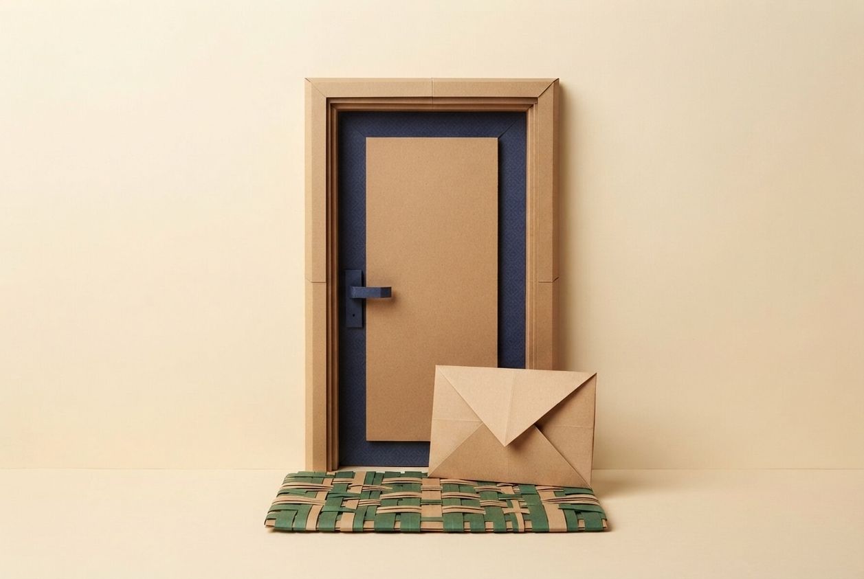 Paper-craft illustration of a folded-paper calendar page with a hand-cut envelope lying across it, one block of squares shaded and a second block left blank