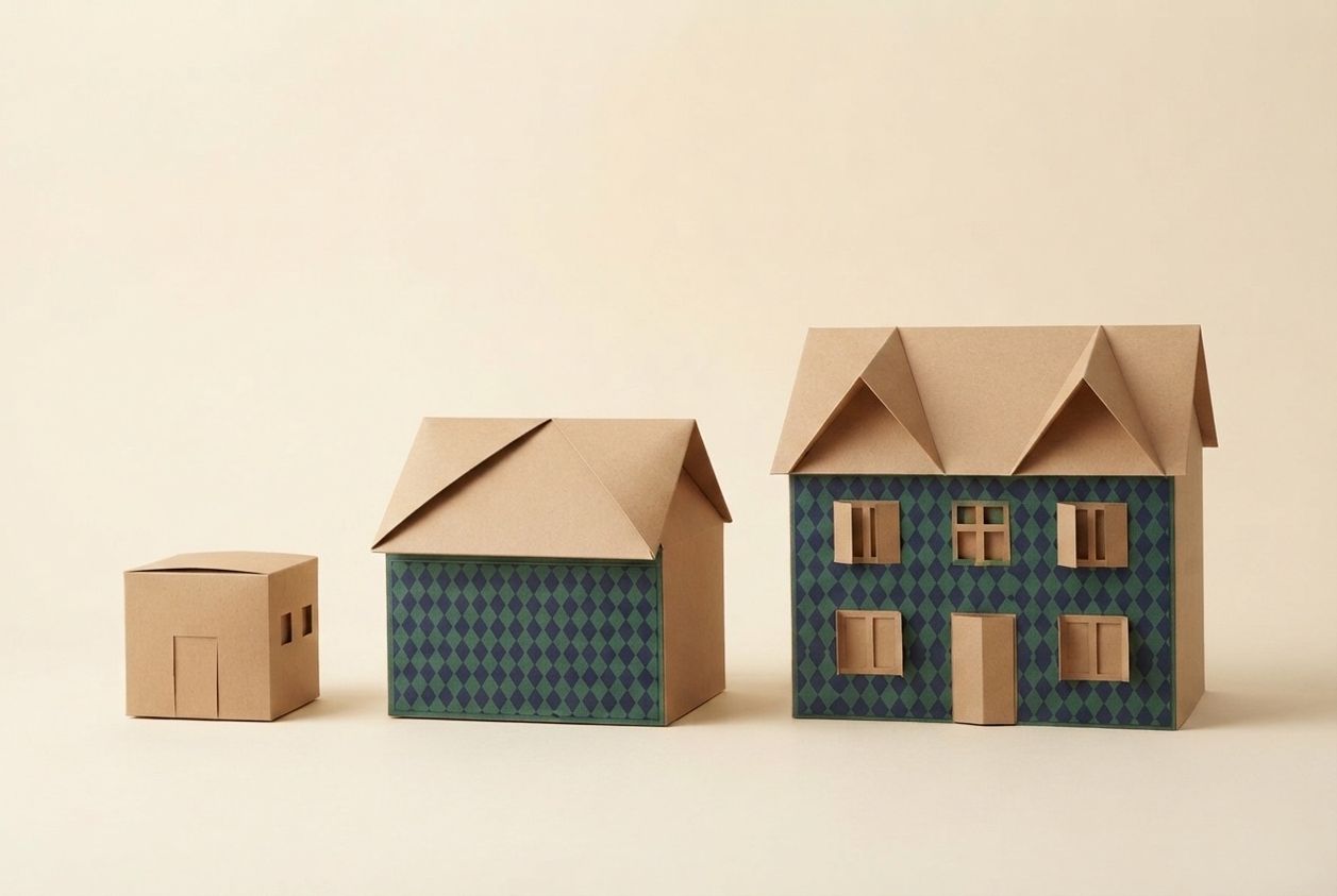 Paper-craft illustration of three folded kraft paper homes in rising sizes, each with its own small stack of paper cartons beside the door.