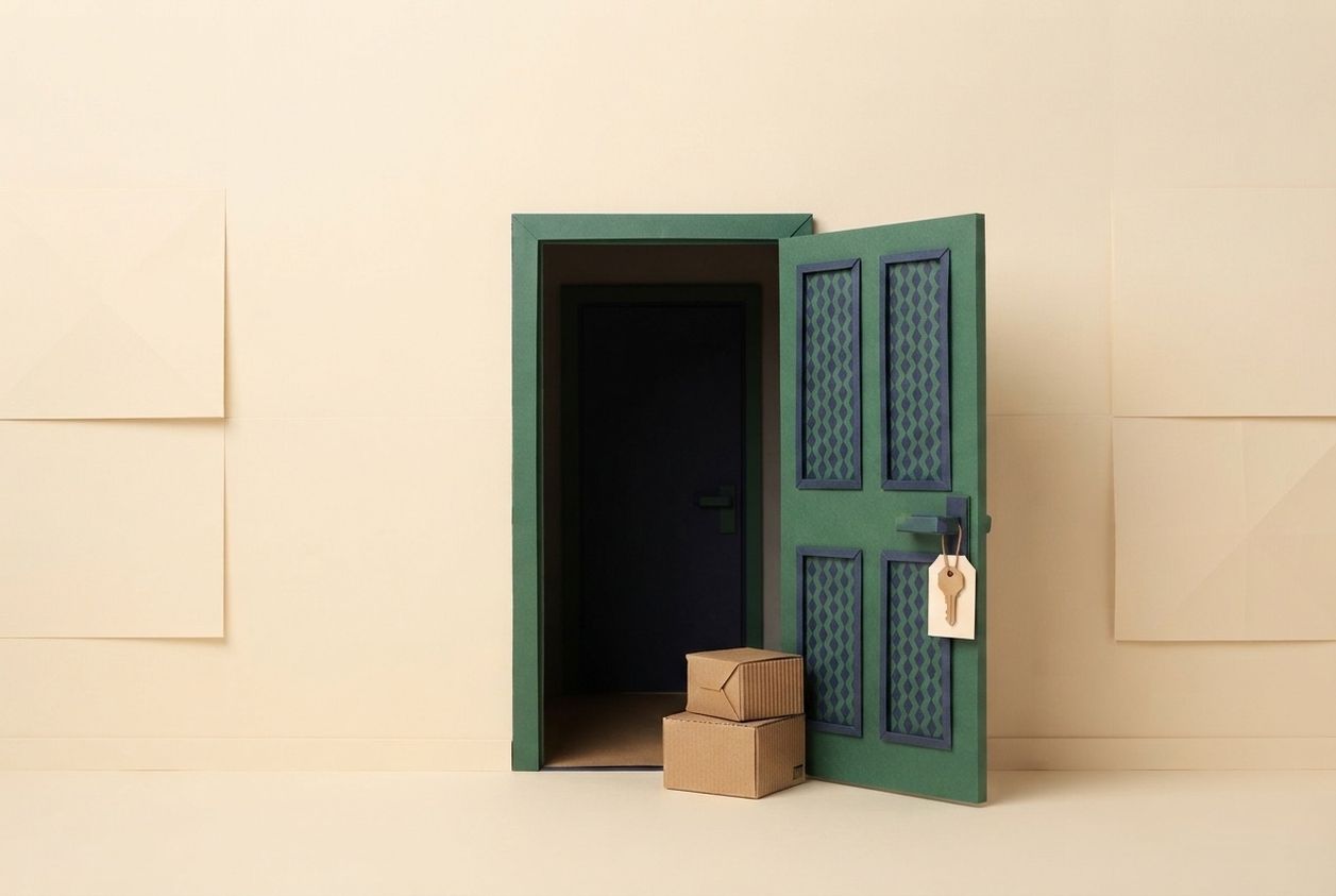 Paper-craft illustration of a folded kraft-paper apartment door with a small paper key ring hanging from the lock and a paper wall calendar beside it