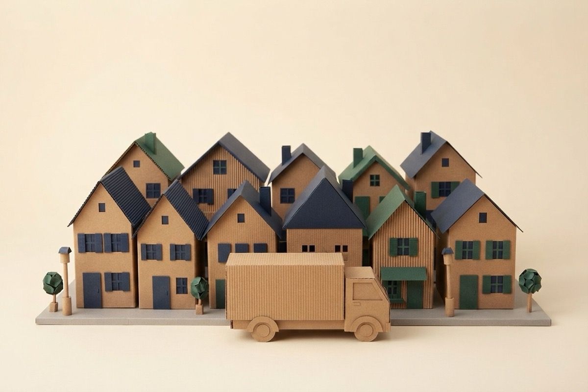 Paper-craft illustration of a compact block of folded-paper houses with a kraft paper moving truck along the curb