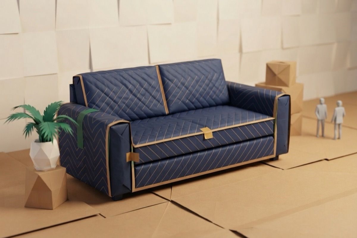 Paper-craft illustration of a paper sofa wrapped in an indigo quilted moving pad