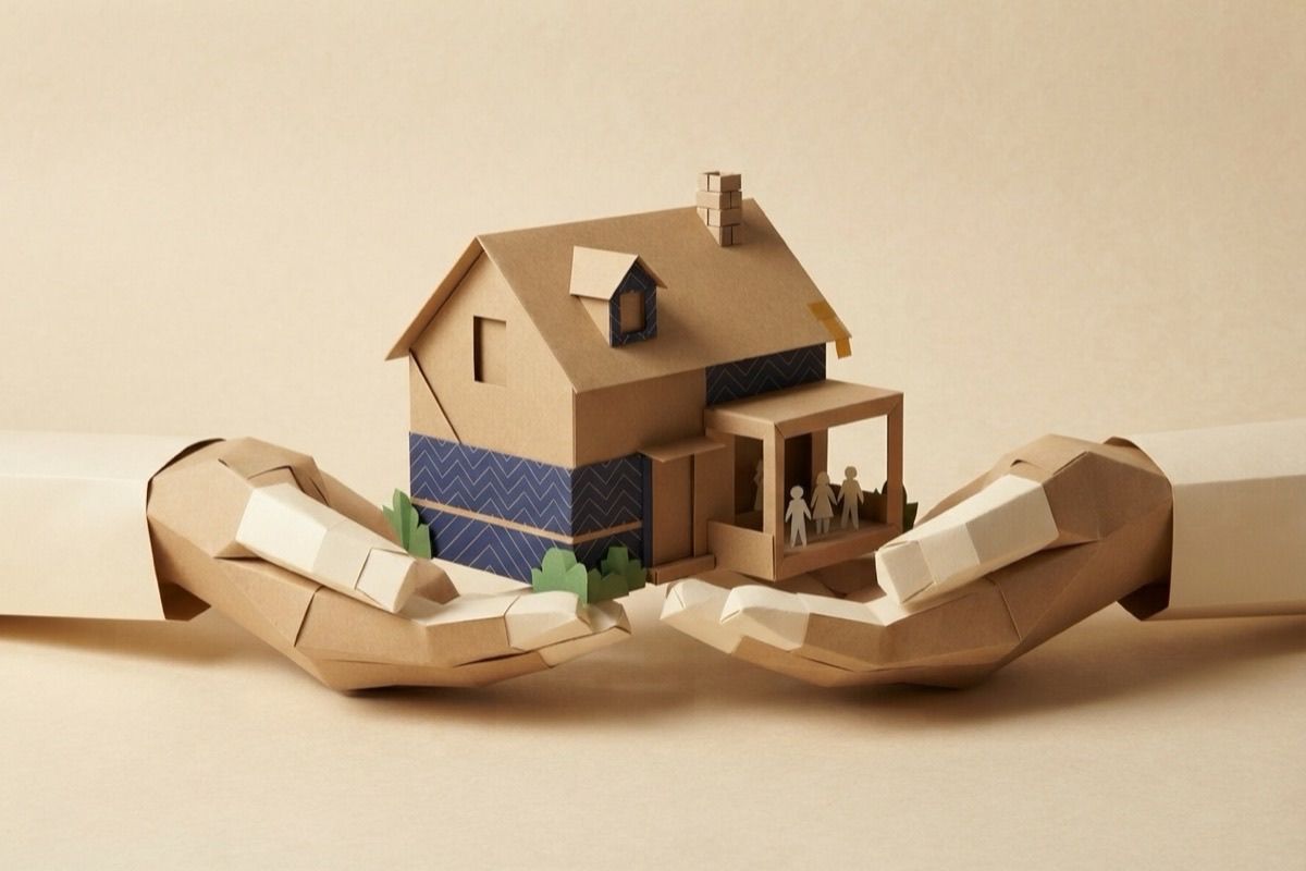 Paper-craft illustration of a folded-paper family home held between two open paper hands