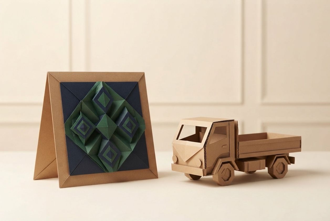 Paper-craft illustration of a folded kraft paper permit card and a paper quote sheet resting on a paper desk beside a small paper moving van
