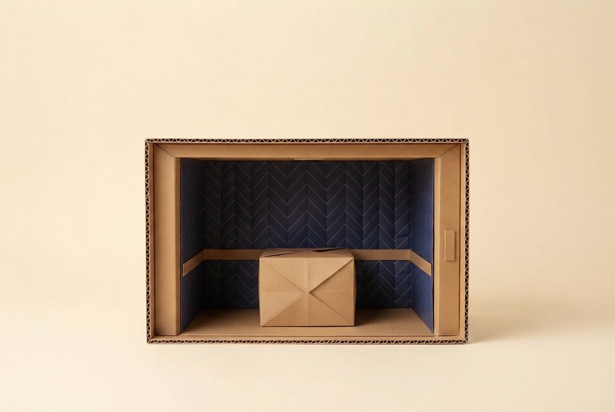 Paper-craft illustration of a folded-paper elevator car with quilted paper pads hung inside, doors held open, and a small kraft paper box waiting in the corridor