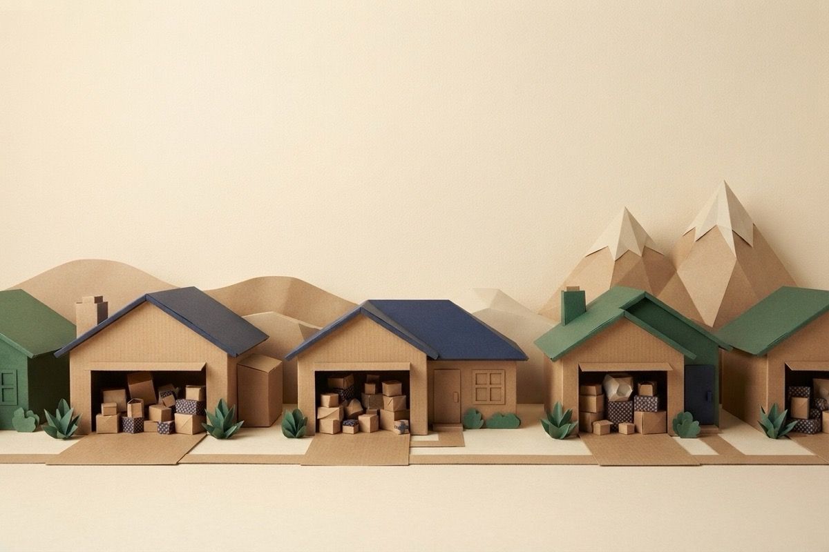 Paper-craft illustration of folded-paper suburban houses with open paper garages and low paper hills behind