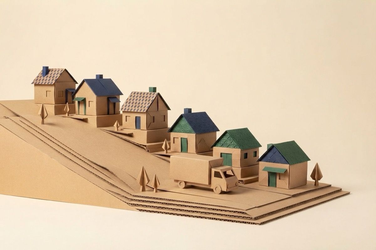 Paper-craft illustration of folded-paper houses stepping up a gentle paper hillside with a kraft paper moving truck parked below