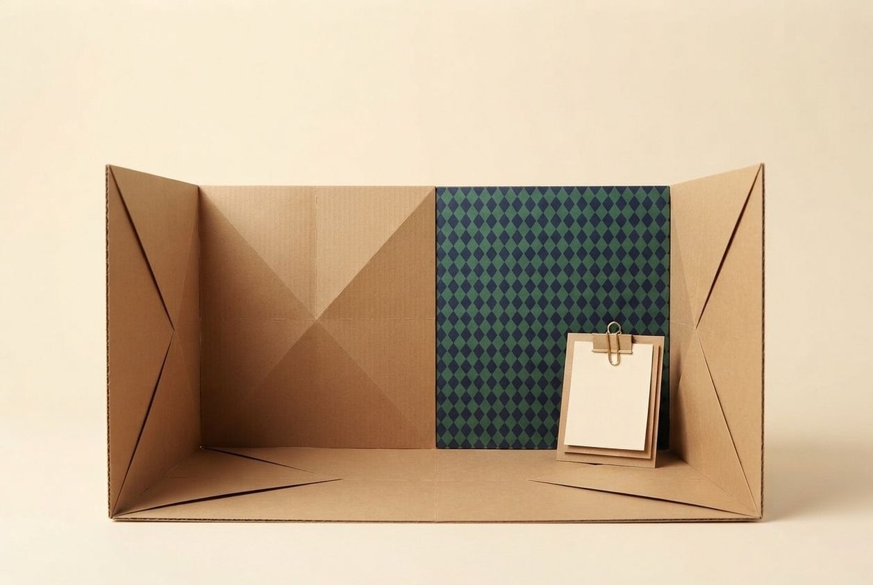 Paper-craft illustration of an empty folded-paper apartment room with a small kraft paper clipboard propped against one wall and a paper key on the floor