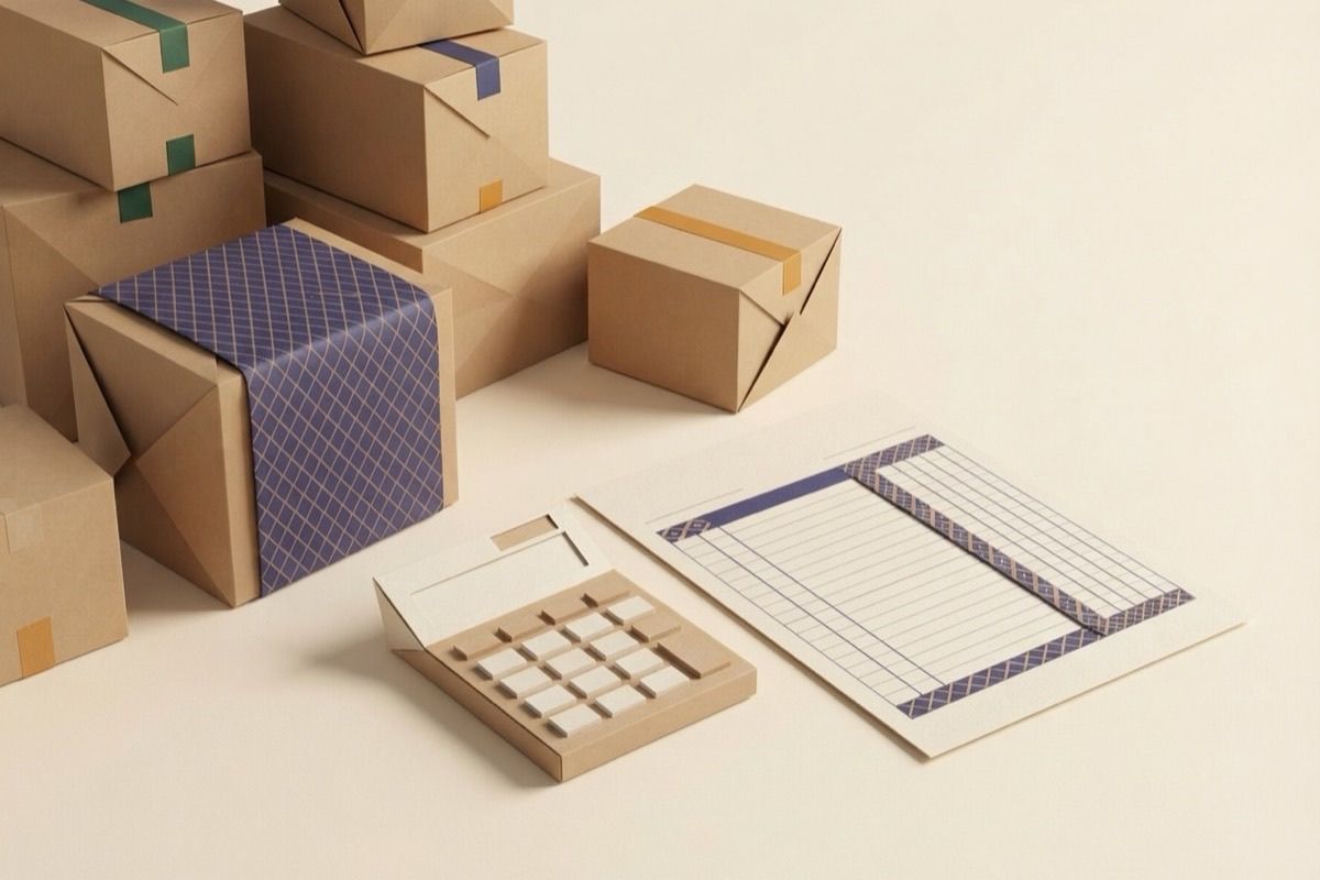 Paper-craft illustration of a blank paper calculator and ledger sheet next to kraft moving boxes