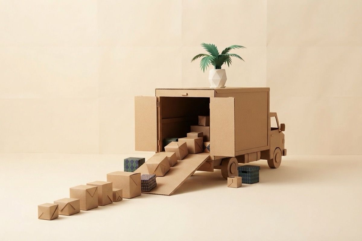 Paper-craft illustration of a kraft paper moving truck with its rear ramp folded down and a line of small paper boxes running up into it