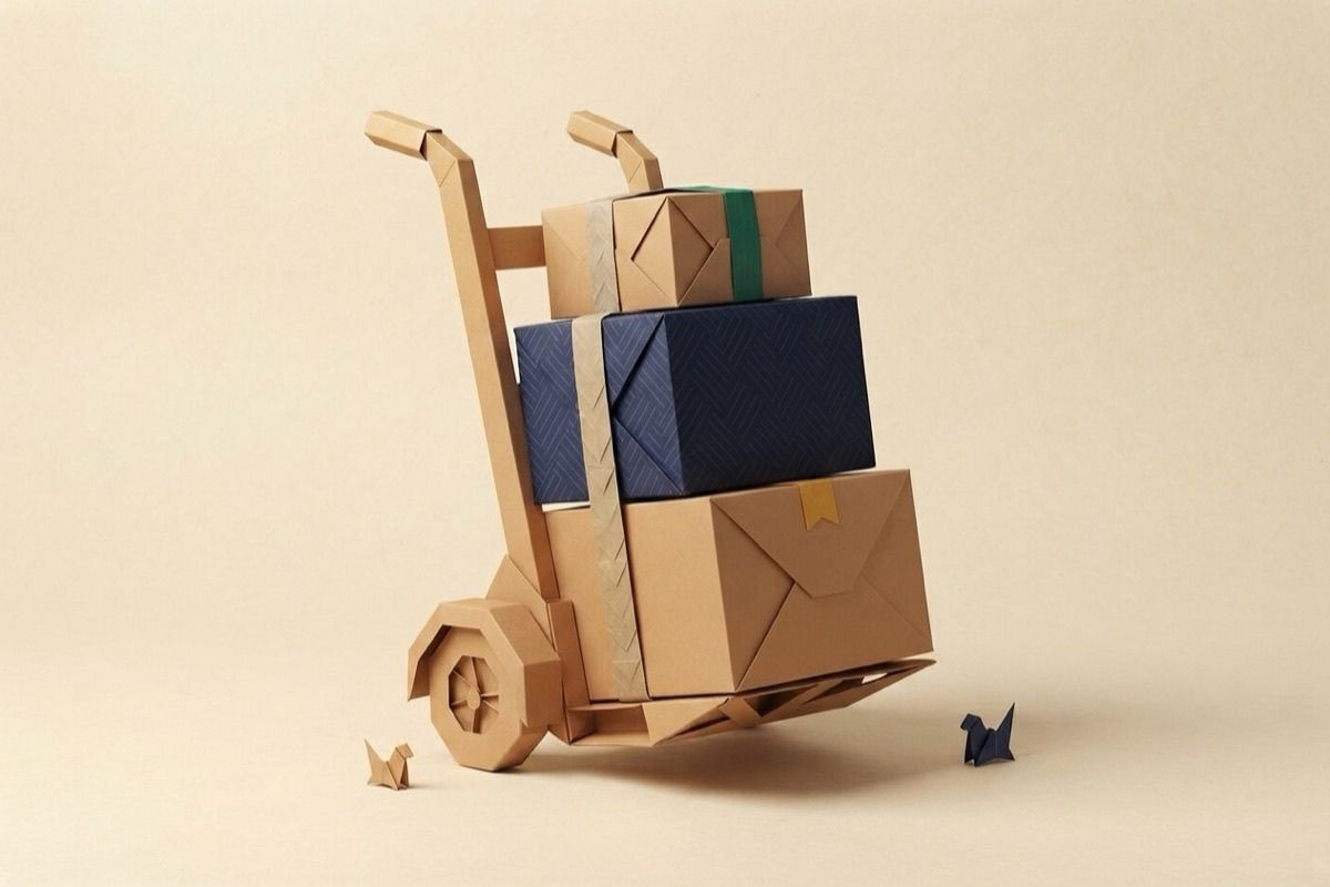 Paper-craft illustration of kraft moving boxes stacked on a hand truck