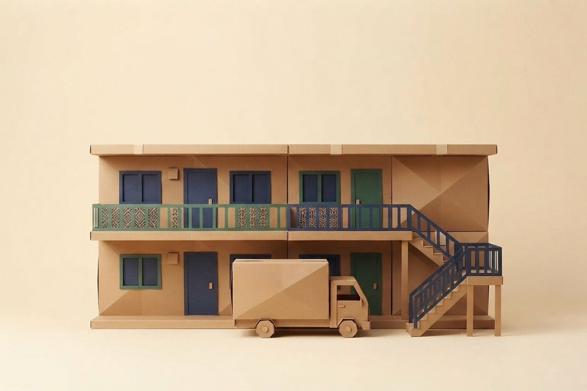 Paper-craft illustration of a two-storey folded-paper low-rise apartment building with an exterior paper staircase and a kraft paper moving truck below
