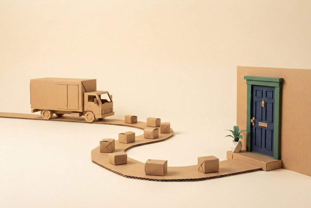 Paper-craft illustration of a folded kraft-paper moving truck parked at the end of a long paper walkway, with small paper cartons spaced along the path to a folded front door