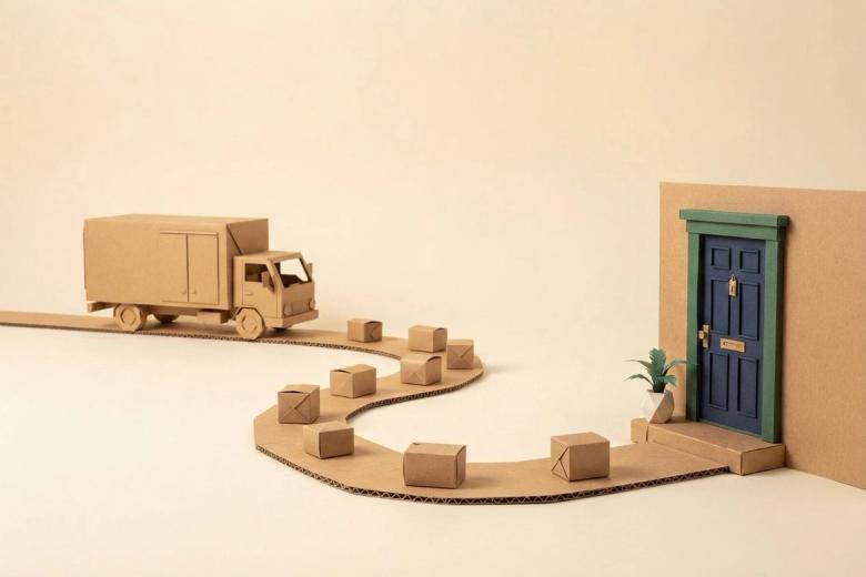 Paper-craft illustration of a folded kraft-paper moving truck parked at the end of a long paper walkway, with small paper cartons spaced along the path to a folded front door