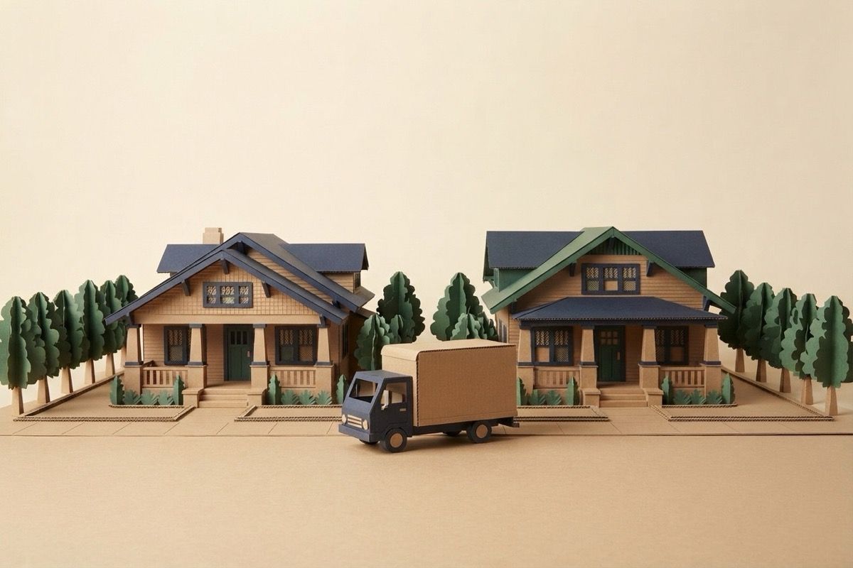 Paper-craft illustration of two folded-paper craftsman bungalows with deep porches and a kraft paper moving truck parked in front