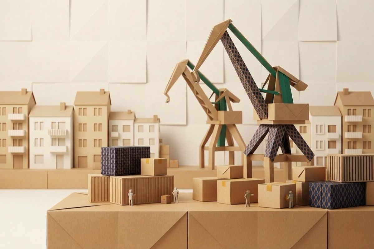 Paper-craft illustration of folded-paper harbor cranes, shipping containers and apartment buildings