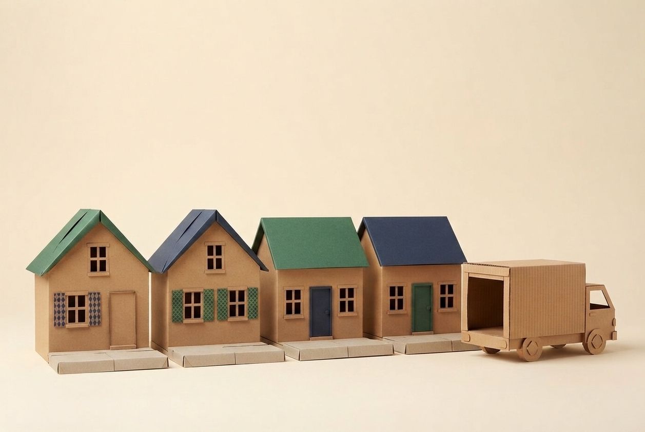 Paper-craft illustration of a folded kraft-paper motorhome parked at a paper curb beside a small paper house, with a miniature paper permit card propped in its windshield