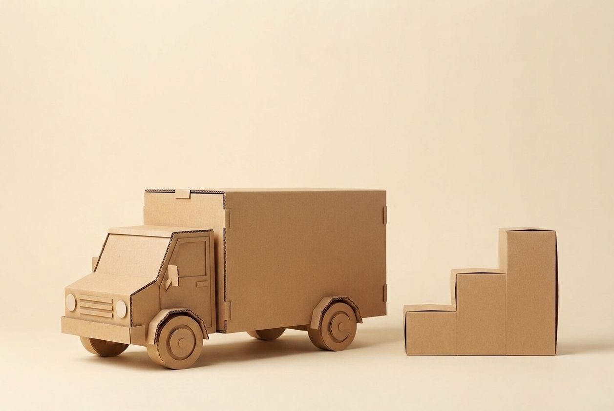 Paper-craft illustration of a folded kraft paper clock face leaning against a stack of paper cartons, with a small paper truck parked alongside