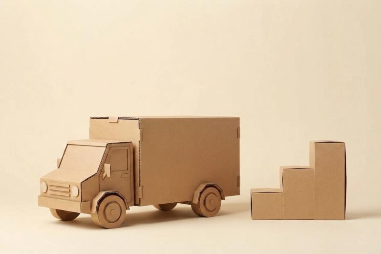 Paper-craft illustration of a folded kraft paper clock face leaning against a stack of paper cartons, with a small paper truck parked alongside