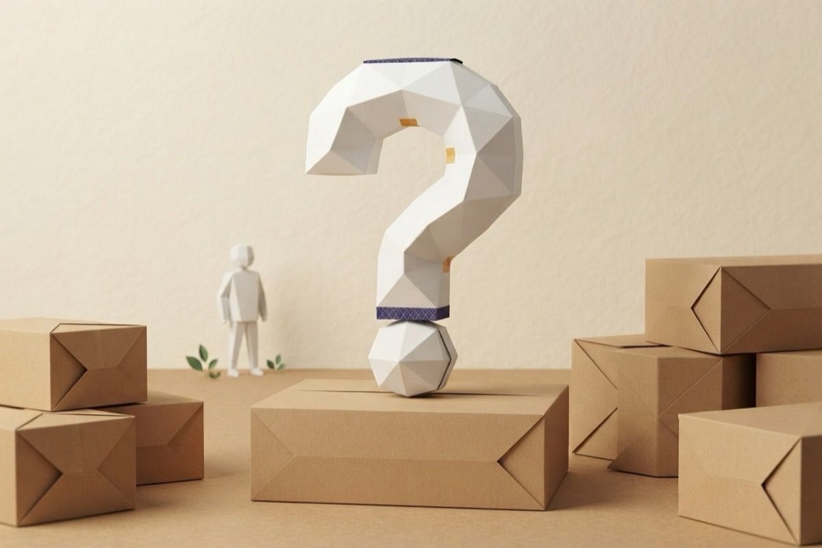 Paper-craft illustration of a large question mark folded from white packing paper on kraft ground