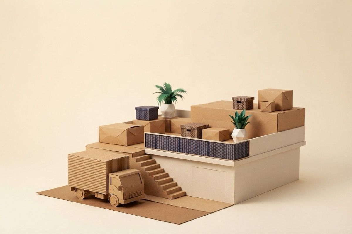 Paper-craft illustration of a low folded-paper condominium terrace with paper stairs and a kraft paper moving truck parked at the end