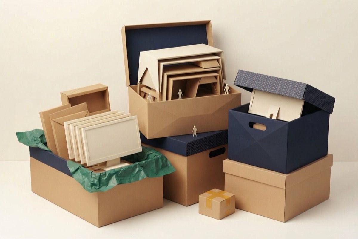 Paper-craft illustration of folded-paper office desks and monitors packed in open kraft crates
