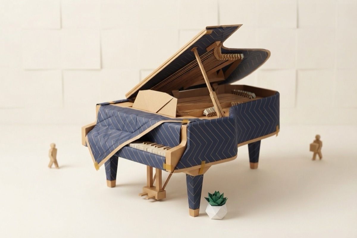 Paper-craft illustration of an origami grand piano wrapped in indigo moving pads